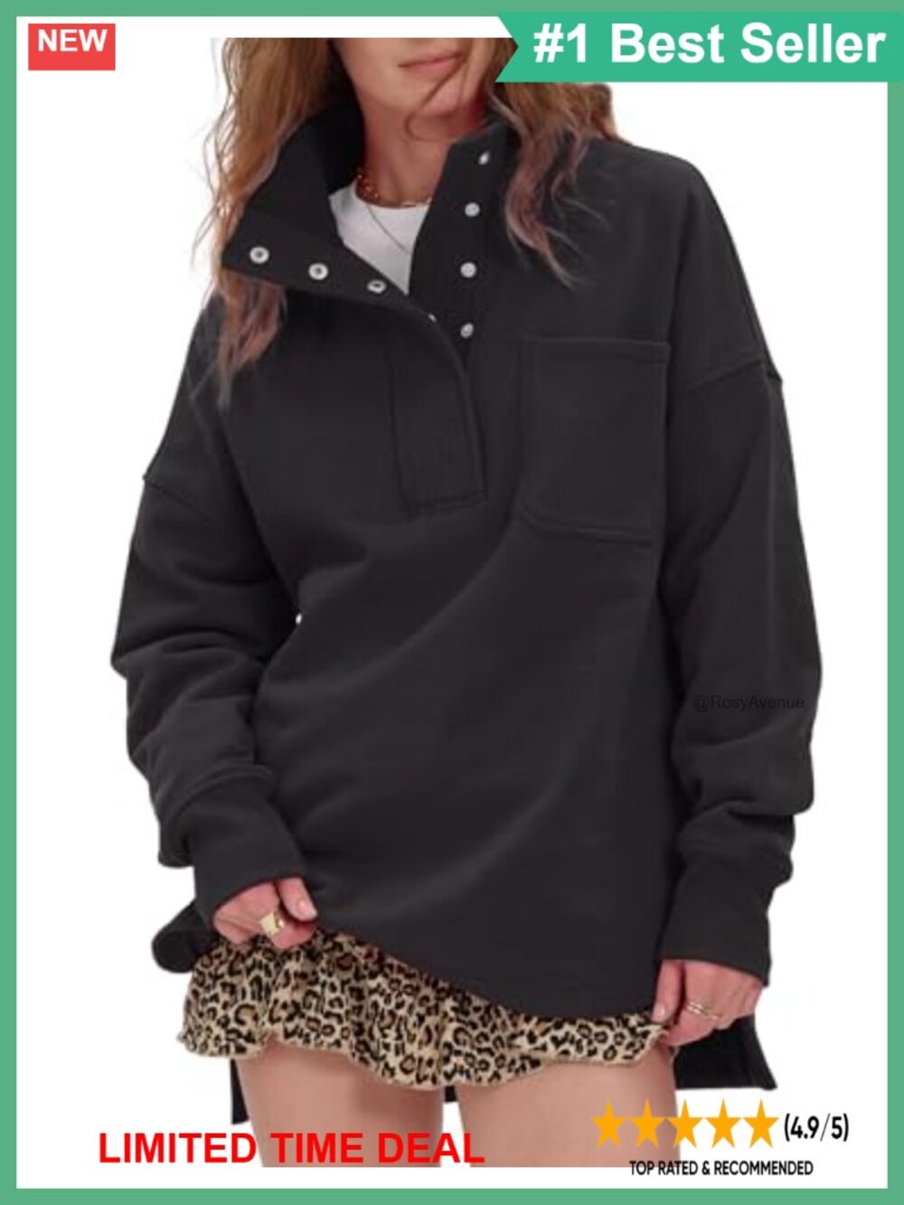 Oversized Henley Neck Sweatshirt Side Slit Pullover Casual Fall Winter